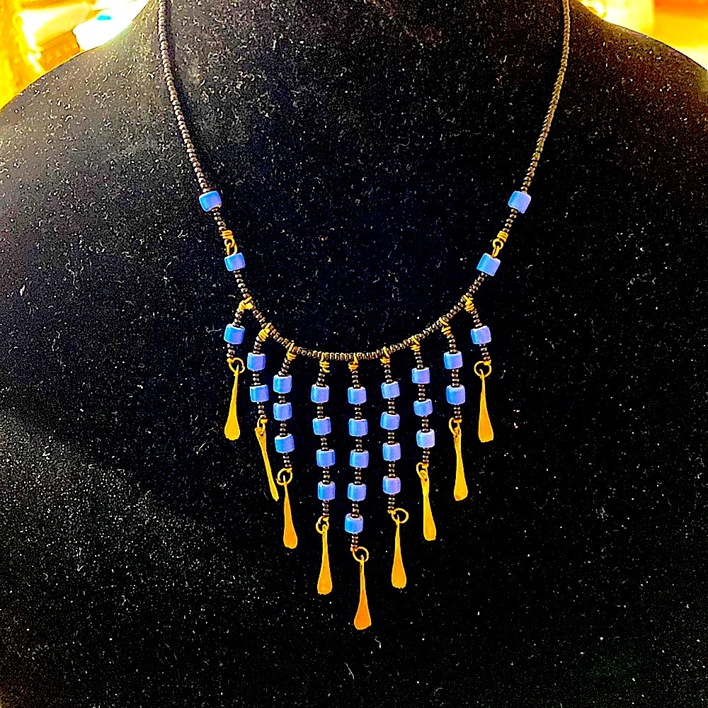 Statement necklace.  Bright blue glass beaded.